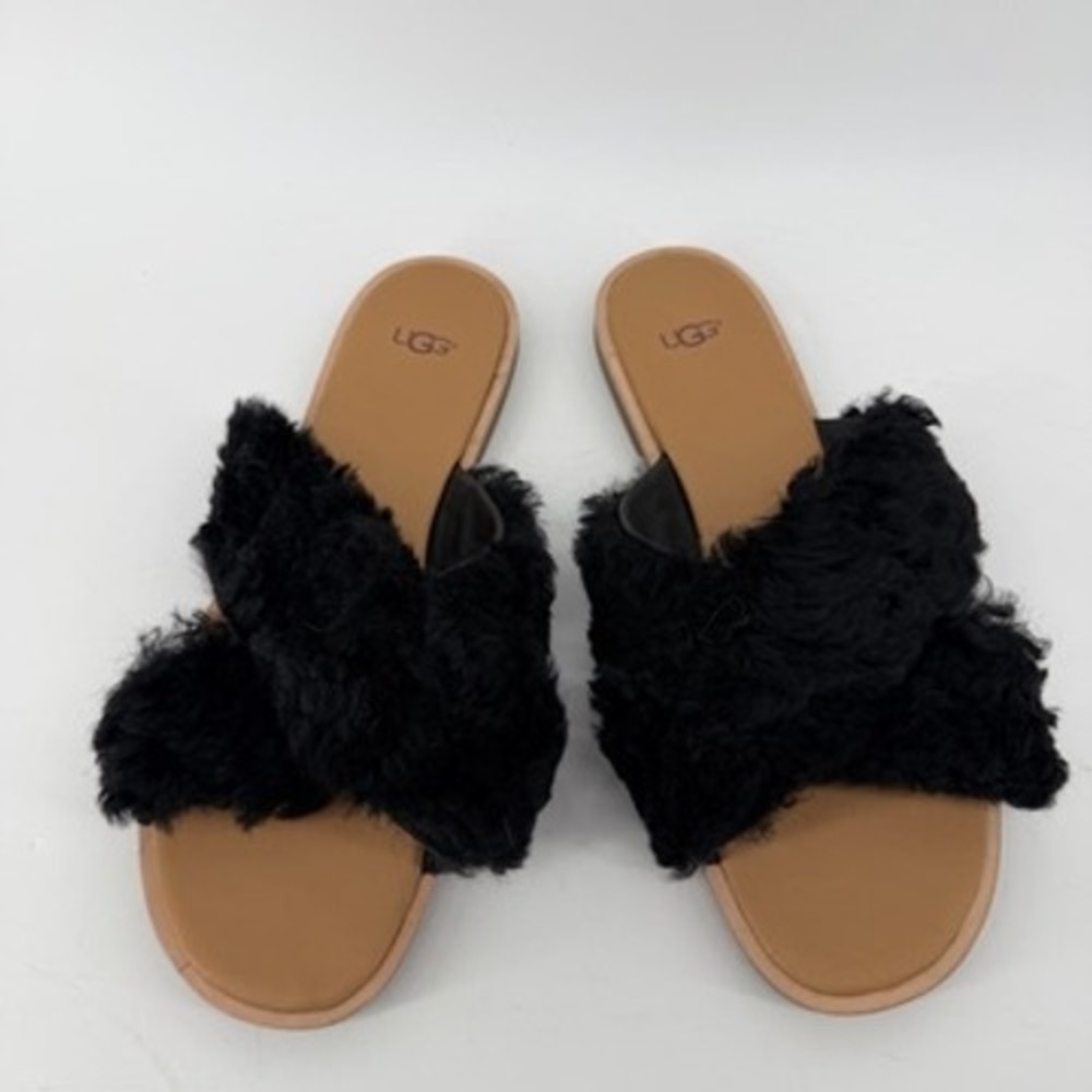 UGG Abela Black Sheepskin Fur Cross Strap Slide Sandals Womens 12 1019967